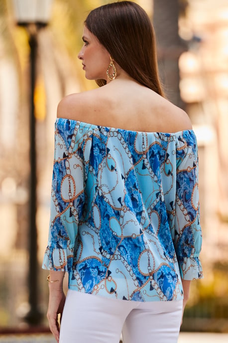 Blue Multi Print Plisse Mesh Bardot Top