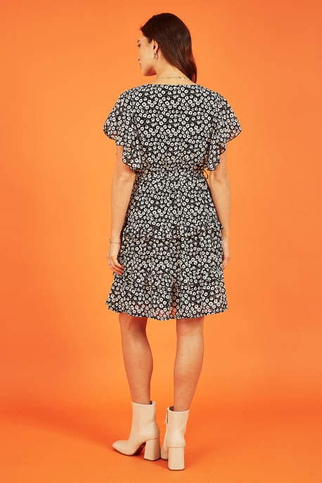 Black Floral Wrap Skater Dress