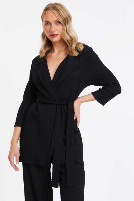 Black Textured Tie Front Blazer