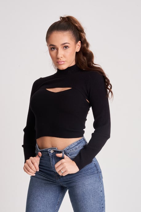 Black 2in1 Long Sleeve Crop Jumper & Vest Set