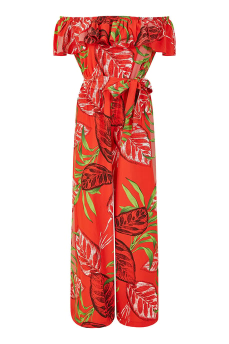 Red Tropical Leaf Print Bardot Jumpsuit