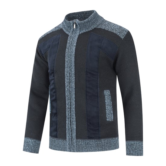 Men's Cardigan with Zip Stand-Up Collar Cardigan Chunky Knit Lined Jumper for Winter Navy