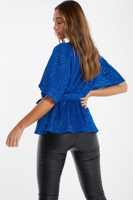 Royal Blue Sequin Batwing Peplum Top