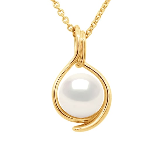Pendant Both SIDES Yellow Gold - Real Cultured Freshwater Pearl Round 8-9 mm