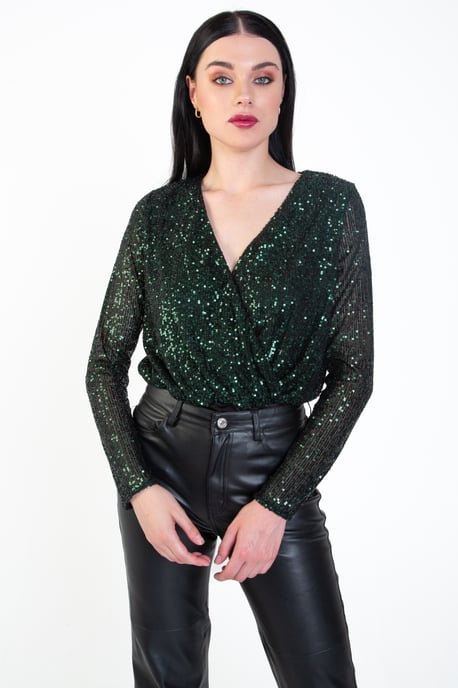 Pailletten-Wickel-Bodysuit mit langen Ärmeln - Image 1