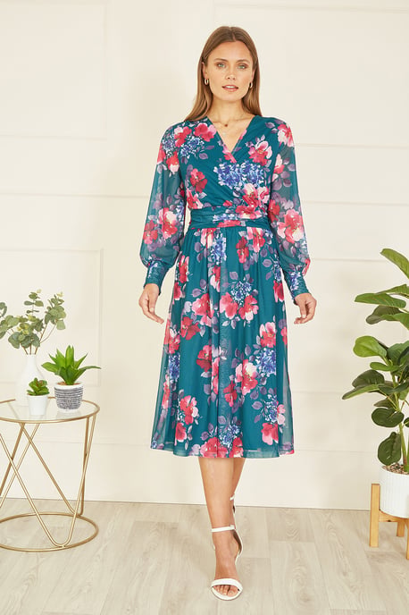 Green Floral Print Stretch Mesh Dress With Pockets
