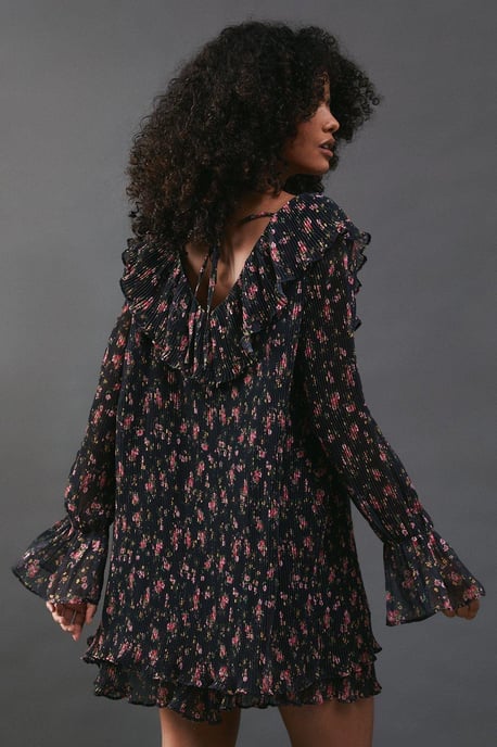 Floral Pleated Chiffon V Neck Mini Swing Dress - Image 3