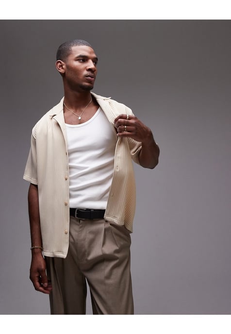 Topman short sleeve regular fit revere plisse shirt in stone-Neutral - Image 1