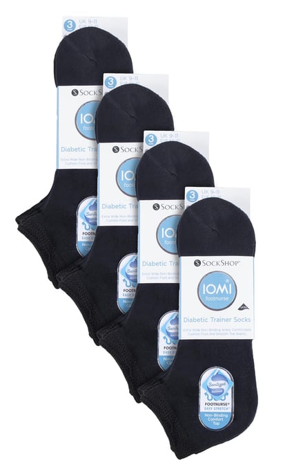 12 Paar Multipack Diabetiker-Trainersocken für geschwollene Füße & Knöchel | IOMI | Baumwolle gepolstert extra breite Low Cut Socken für Männer & Frauen - Schwarz - Image 2