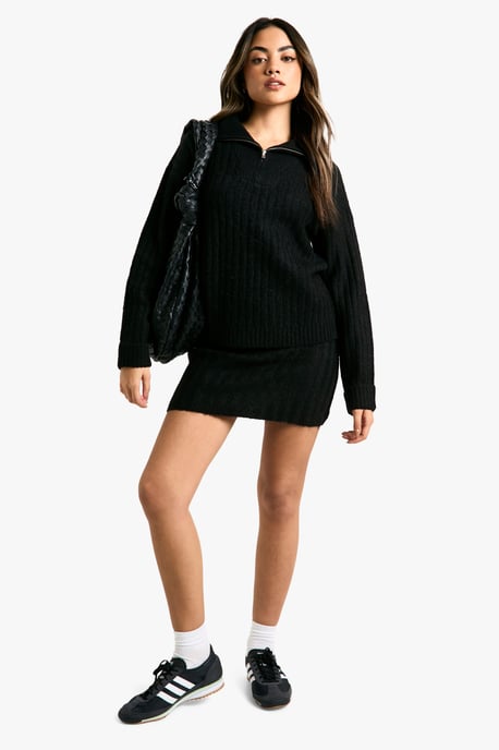 Soft Knit Thick Rib Zip Neck Oversized Jumper And Mini Skirt Set - Image 3