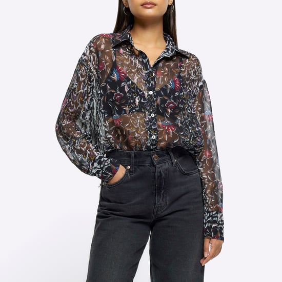 River Island Womens Shirt Black Chiffon Floral Long Sleeve