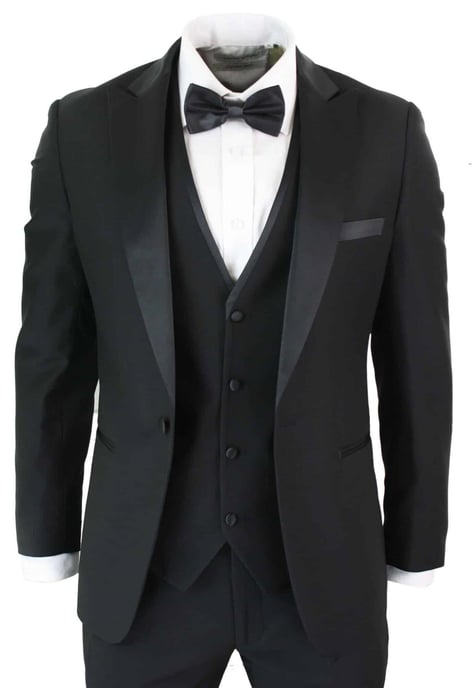 Herren 3-teiliger schwarzer Smoking-Anzug klassisch Satin Dinner tailliert für Hochzeit Abschlussball - Image 1