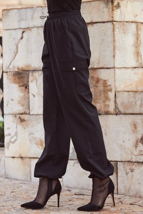 Black Parachute Pants With Drawcord Detail