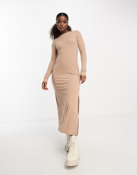 Miss Selfridge long sleeve ribbed midi dress with open tie back in beige-Brown