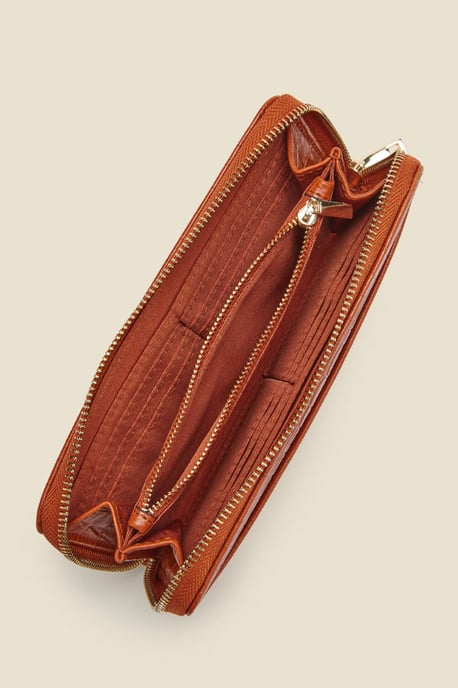 Tan Croc Leather Purse With Coin Pouch