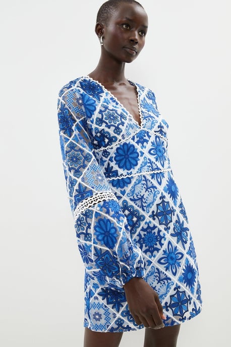 Long Sleeve Tile Lace Waist Panel Mini Dress