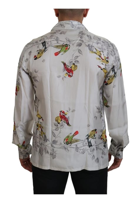 Dolce & Gabbana Herren Hemd aus weißem Seiden-Satin mit Vogelprint - Image 3