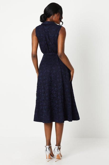Sleeveless Lace Shirt Tie Waist Midi Dress