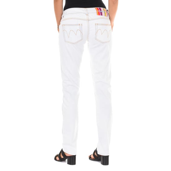 Long denim pants with ripped effect and narrow hems E014152 woman