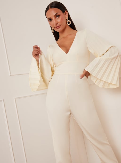 Petite Long Sleeve Pleated Jumpsuit in Cream