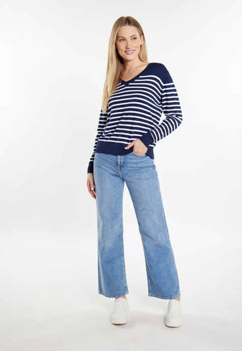 Dreimaster Strickpullover Damen Marine Weiss - Image 2