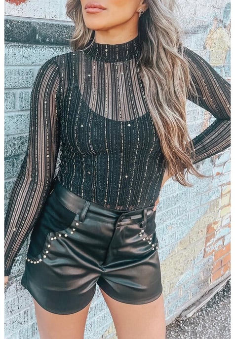 Damen Mesh Mock Neck Langarm-Bodysuit in Schwarz - Image 4