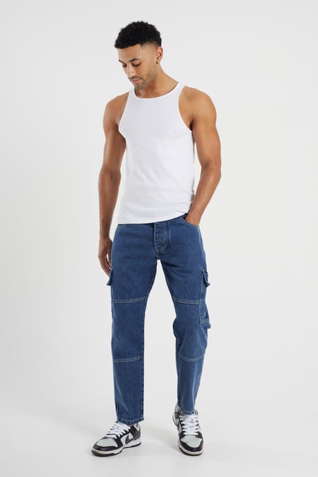 Mid Blue Loose Fit Cargo Style Denim Jeans - Image 3