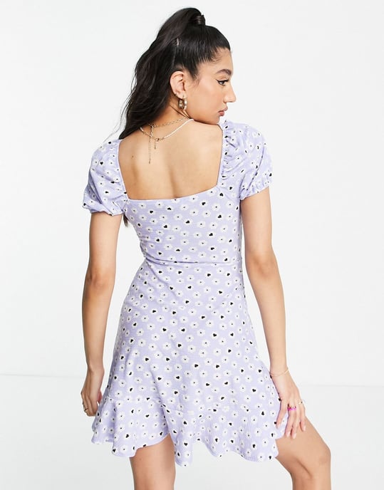 Miss Selfridge bunny tie fit and flare mini dress in lilac heart print-Purple