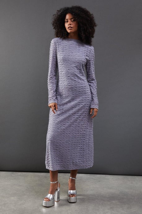 Textured Mesh Stand Neck Midi Dress