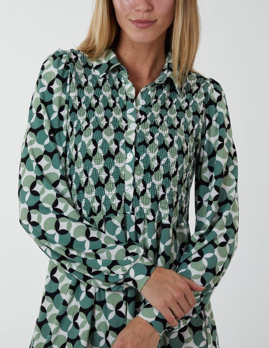 Shirred Bust Long Sleeve Shirt Dress