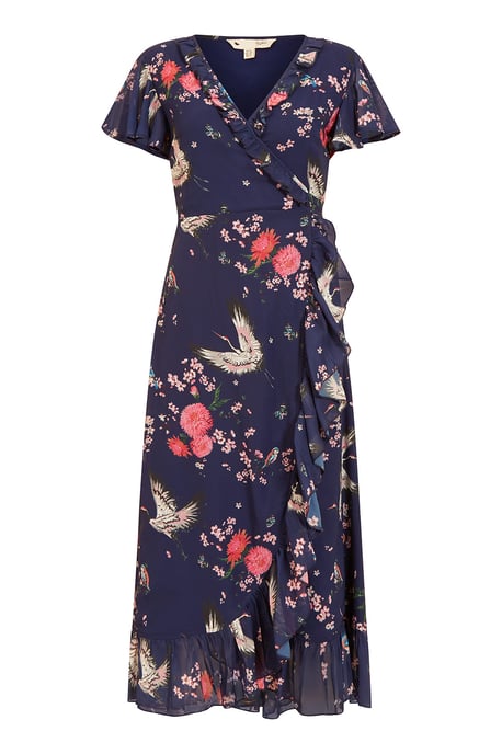 Navy Satin Crane Print Wrap Dress