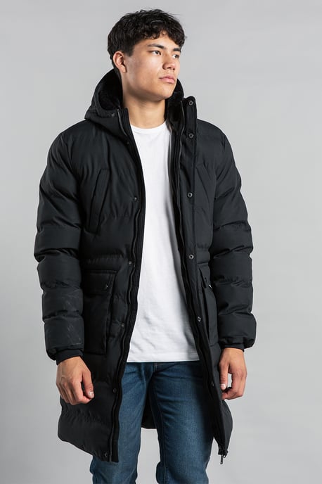 Black Longline Funnel Neck Hooded Padded Jacket