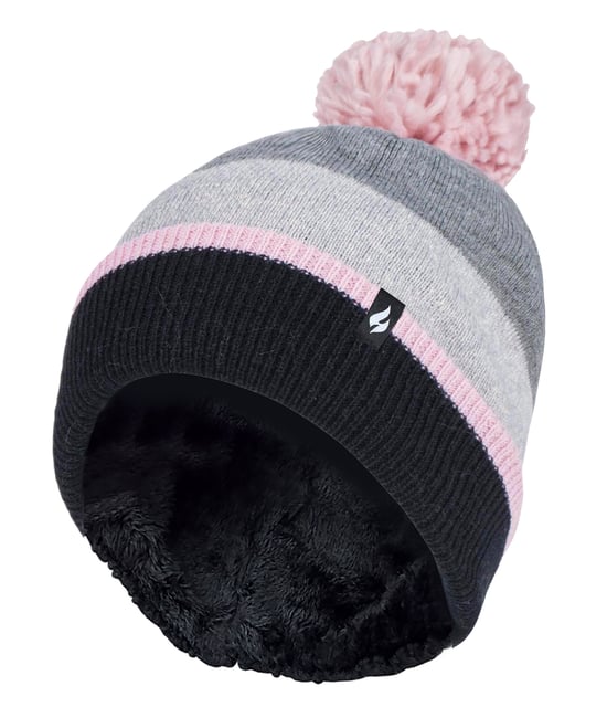 Heat Holders - Ladies Warm Knit Fleece gefüttert Winter Warm Hat mit Pom Pom - Grau / Rosa - Image 1