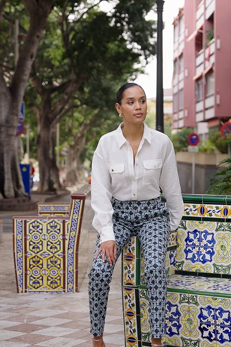 Blue Geometric Print Tapered Leg Trousers