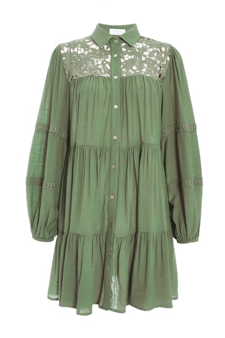 Khaki Crochet Mini Shirt Dress - Image 1