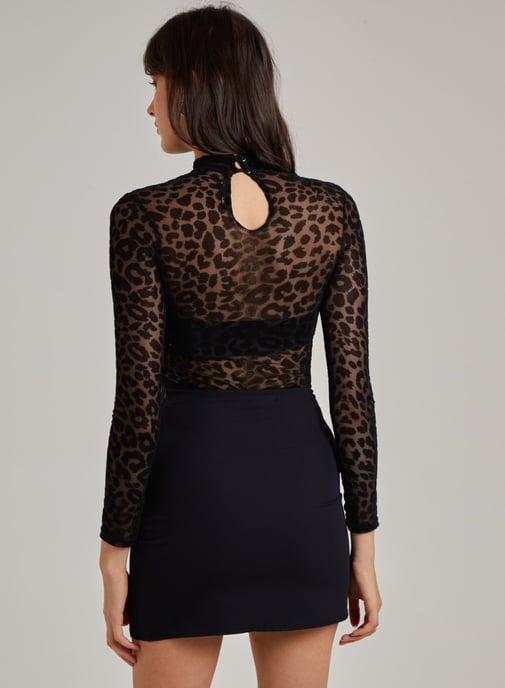 Animal Print Flocked Long Sleeve Bodysuit