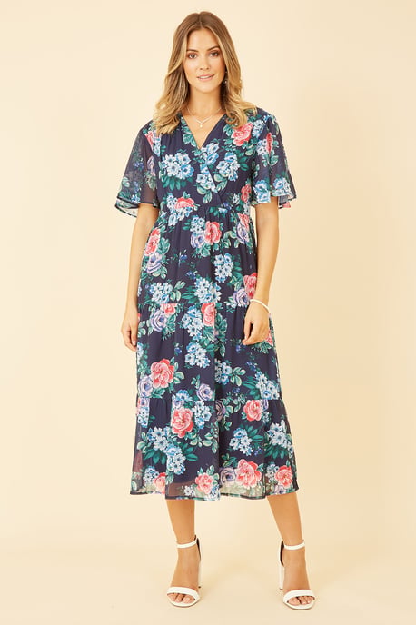 Navy Floral Wrap Midi Dress With Tiered Hem