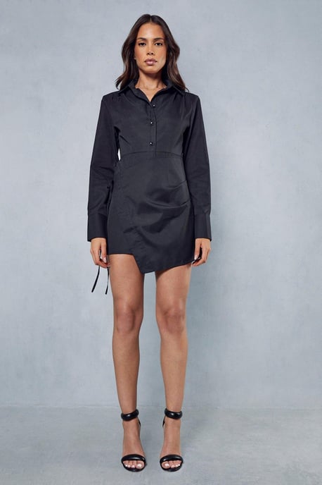 Poplin Wrap Skirt Shoulder Pad Long Sleeve Shirt Dress