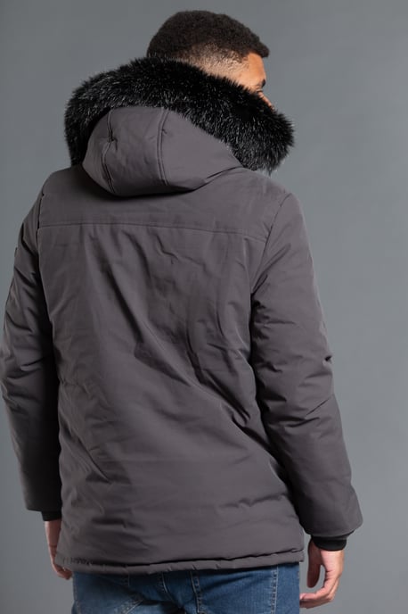 Charcoal Longline Hooded Padded Parka Jacket With Faux Fur Hood