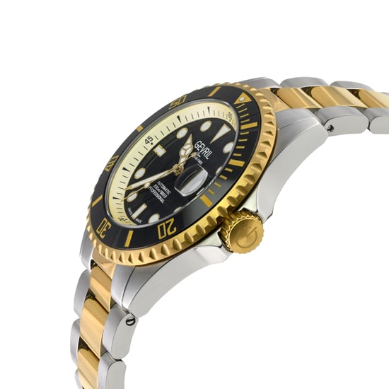 Gevril Mens Wall Street Swiss Automatic Sellita SW200 Black Enamel Dial, SS/IPYG Satin and Polished Bracelet Watch