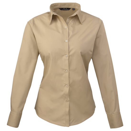Premier Womens/Ladies Poplin Long Sleeve Blouse / Plain Work Shirt (Khaki)