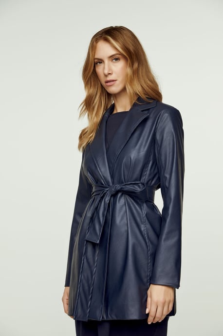 Navy Faux Leather Jacket with Belt