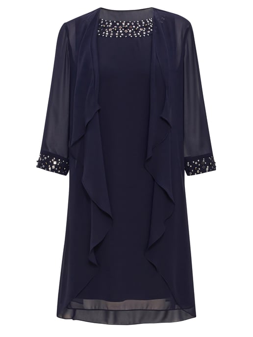 Joseline Short Chiffon Jacket Dress With Beaded Neckline