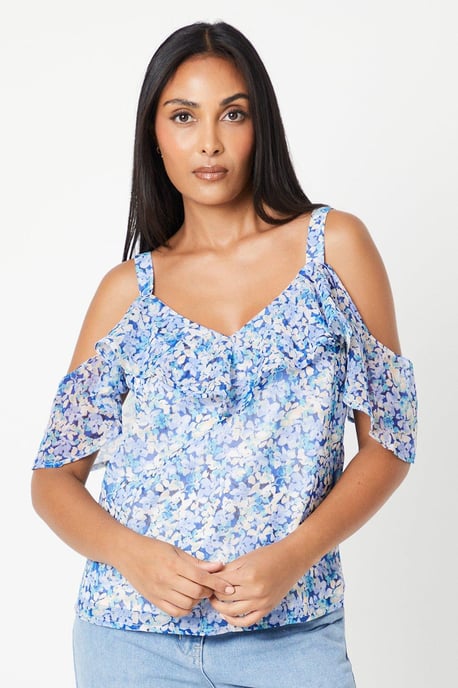 Petite Floral Chiffon Ruffle Cold Shoulder Top