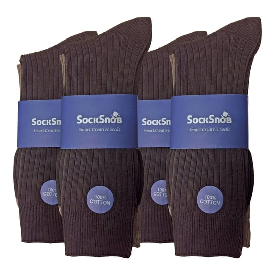 12 Pair Multipack Mens 100% Cotton Socks | Sock Snob | Ribbed Dress Socks - Brown