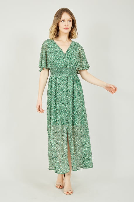 Yumi Green Ditsy Print Ruched Maxi Dress