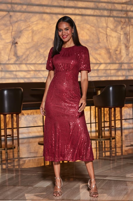 Red Sequin Fit & Flare Puff Sleeve Midi Dress