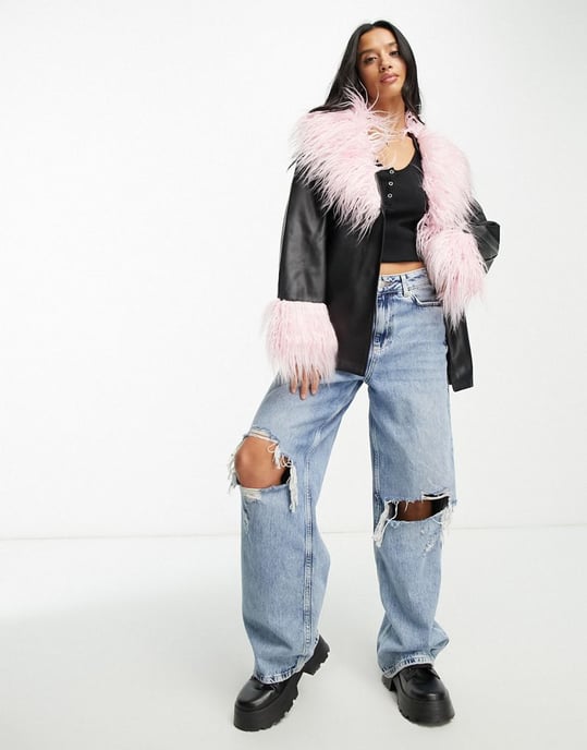 ASOS DESIGN Petite borg cuff faux leather jacket in black & pink