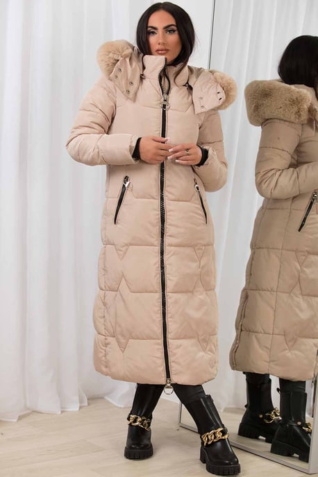 Jess Women’s Long Puffer Coat with Faux Fur Hood & Zip Pockets