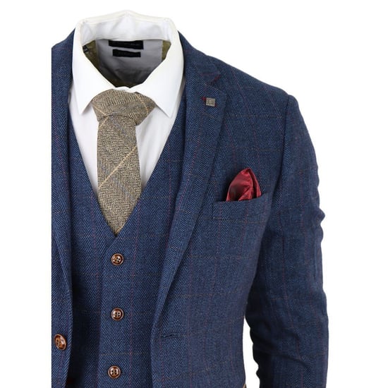 Herren Blaue Tweed-Karo 3-Teiliges Anzug - Image 4